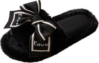 Generic Black Womens Slippers with Plus Velvet Warm Bow Slip-On Design for Home Indoor and Outdoor Casual Wear Comfortable Flock Construction