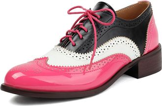 Generic Womens Tri Color Lace Up Oxford Shoes with Wingtip Brogue Perforation, Round Toe, Low Chunky Heel, Cushioned Insole, Classic Vintage Design,Fuchsia,3.
