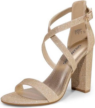Dream Pairs Womens Block Heel Open Toe Ankle Strap Shoes In Gold Glitter