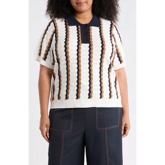 Adrianna Papell Wavy Stripe Polo Sweater in Ivory/Camel/Navy at Nordstrom Rack, Size 3 X