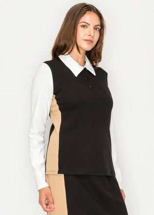 YAL New York Black Contrast Panel Long Sleeve Polo Tee