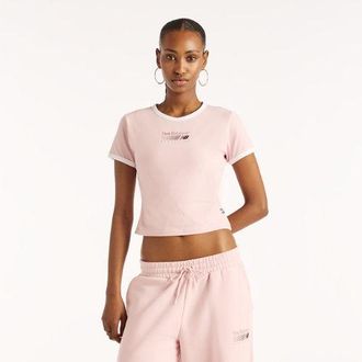 New Balance Womens Trackside Ringer T-Shirt in Pink Cotton Jersey, size X-Large