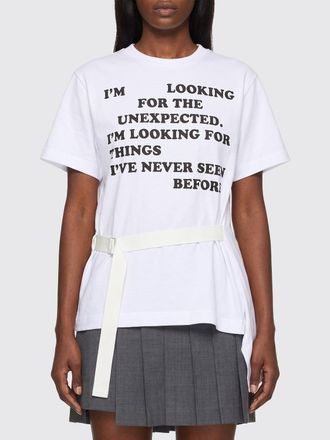 sacai Slogan Print Cotton T-Shirt with an Asymmetrical Hem