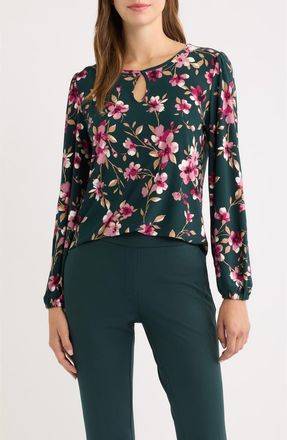 Anne Klein Floral Keyhole Long Sleeve Top in Treeline Multi at Nordstrom, Size Xx-Small