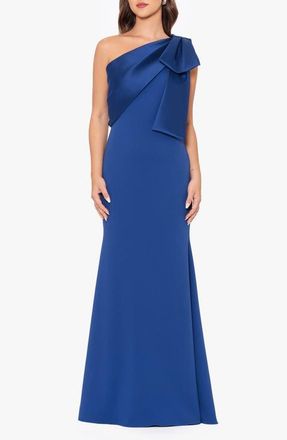 Betsy & Adam Satin Bow Crepe Mermaid Gown in Indigo at Nordstrom, Size 14