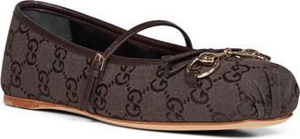 Gucci Womens Ballet Flat Horsebit Brown Cotton Ballerina Shoes