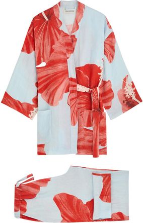 Desmond & Dempsey Grand Hibiscus Printed Linen Pyjama set - Red - XL (UK16 / XL)