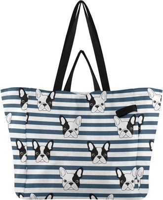 Generic Bulldog Blue Stripe pattern Reusable Canvas Tote Bag, Heavy Duty Grocery Shopping Bag with Large Capacity Hard Bottom Double Handles Work Groceries Tr