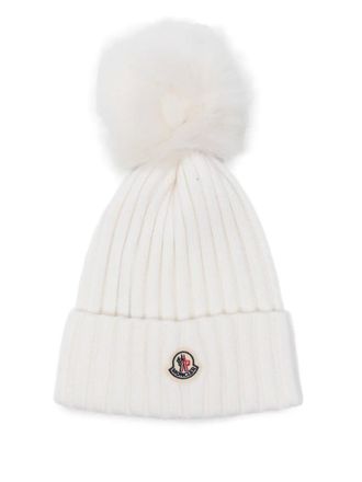 Moncler ribbed pom-pom beanie - women - Virgin Wool/Modacrylic/Acrylic/Polyester - One Size - Neutrals