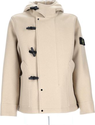 Stone Island Structured Beige Wool Blend Jacket With Hood And Toggle Closures