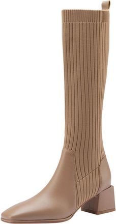 Generic Khaki Womens Knit Boots Mid Calf with Thick Sole Versatile Thick Heel Mid Heel for Daily Activities