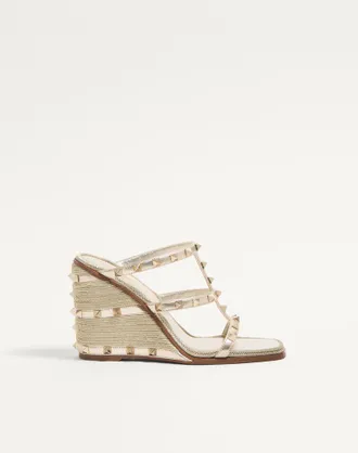 Valentino Garavani Sandalo Zeppa Rockstud In Nappa Laminata Con Ricamo Cornely 100Mm Donna PLATINO 35.5