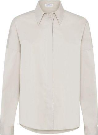 Brunello Cucinelli Monili-embellished shirt - women - Cotton/Polyamide/Elastane - M - Neutrals