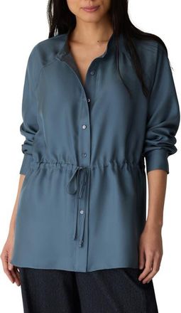 Eileen Fisher Silk Mandarin Collar Shirt with Tie in Cold Spring at Nordstrom, Size X-Small