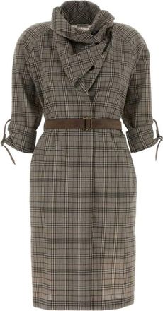 Burberry Grey Shawl Neck Check Knee Length Dress