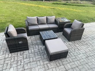 Fimous Garden Furniture Sets 6 Seater Wicker Rattan Furniture Patio Sofa Sets with Reclining Chair 3 Seater Sofa Footstool in Dark Grey