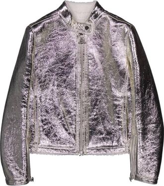 Ferragamo Metallic Laminate Shearling Jacket, Brand Size 42 ( US Size 8 )