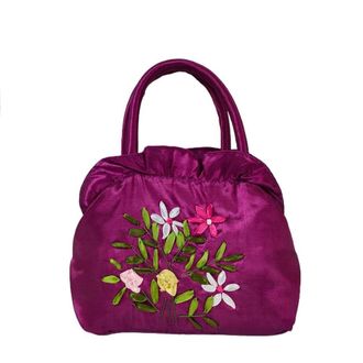 Generic Ethnic Style Tote Bag, Small Purse Wallet, Embroidery Flower Satin Silk Handbag, Zipper Flower Wrist Bag for Women Phone Cosmetic(dark purple)