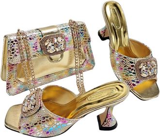 Generic Womens Shoes and Bag Set Color Rhinestone Decorate for Evening Party Wedding Italian Style High Heels Gold