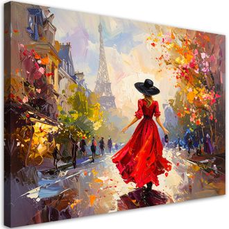 Feeby Cuadro Sobre Lienzo, Mujer Con Vestido Rojo Y Sombrero Con La Torre Eiffel Al Fondo, 100x70