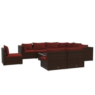 vidaXL Set Muebles De Jard&iacute;n 10 Pzas Y Cojines Rat&aacute;n Sint&eacute;tico Marr&oacute;n Vidaxl