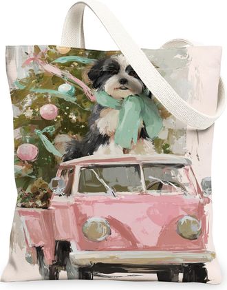 Generic Christmas Dog Canvas Tote Bags, Vintage Animal Art Design Reusable Grocery Bags, Lightweight Washable Shoulder Strap Canvas, Peach, 13x15 Inch