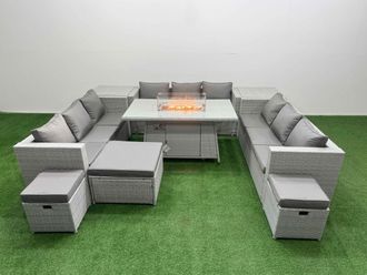 Fimous PE Rattan Sofa Set Outdoor Garden Furniture Set with Firepit Table in Light Grey