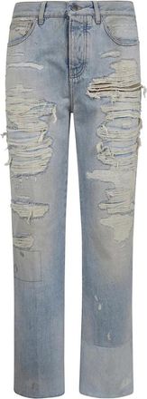 Amiri Distressed Straight Leg Jeans - Heren - Regular Fit Jeans - Blauw - W32 - Katoen - Jeans