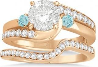 Allurez Aquamarine & Diamond Swirl Engagement Ring & Band Bridal Set 14k Rose Gold 0.58ct