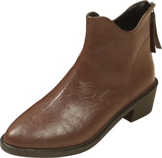 Generic Winter British Ladies Fashion Solid Leather Pointed Toe Ankle Boots with Rear Zipper and Chunky Heel Design for Stylish Comfort (Brown, 5. 5)