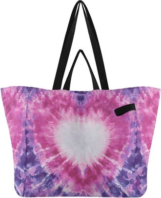 Generic Heart Tie Dye Purple pattern Reusable Canvas Tote Bag, Heavy Duty Grocery Shopping Bag with Double Handles Hard Bottom Large Capacity Work Groceries T