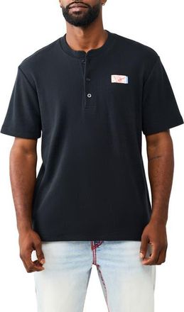 True Religion Buddha Cotton Graphic Henley in Jet Black at Nordstrom, Size Xxx-Large