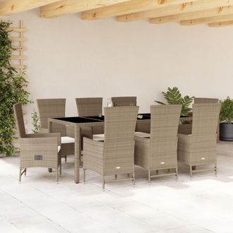 vidaXL Set Comedor De Jard&iacute;n 9 Pzas Con Cojines Rat&aacute;n Sint&eacute;tico Beige Vidaxl
