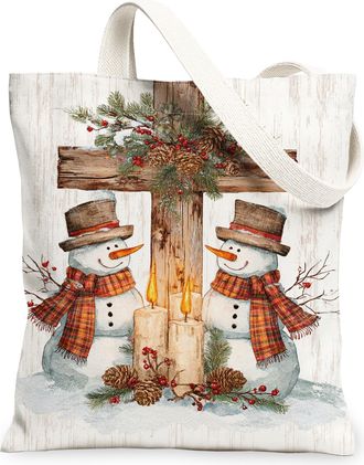 Generic Christmas Snow Man Canvas Tote Bags, Winter Scene Pattern Reusable Grocery Bags, Vintage Lightweight Washable Shoulder Stra, White, 13x15 Inch