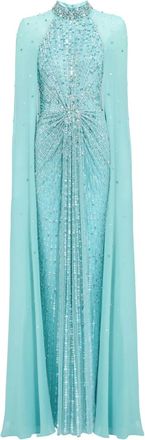 Jenny Packham Abito lungo con mantella decorata - Blu
