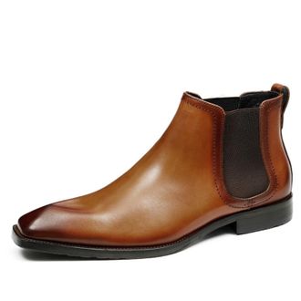 Generic Mens Pull on Chelsea Ankle Boots Square Toe Formal Booties Flat Heel Office Dress Shoes,Brown Single Lining,6.5 UK