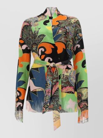Etro jacket belted waist fringe hem paisley