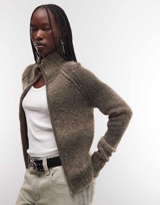 Weekday cardigan in misto lana effetto peloso con zip, khaki e m&eacute;lange space dye marrone-Verde