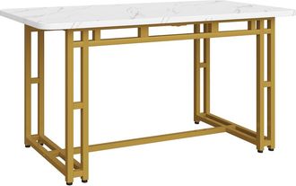 Urban Meuble Mesa de comedor con estampado de mármol blanco y patas doradas 120x70