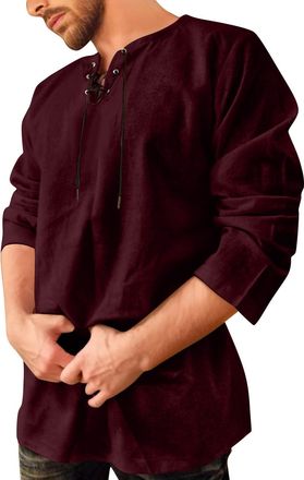 Generic Men Classic Lace Up Cotton Shirt,Vintage Costume Long Sleeve Tops Medieval Vintage Shirt Black Renaissance Top Boys Mens Button-Down Shirts Renaissanc