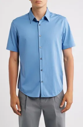 Theory Irving Structure Knit Short Sleeve Button-Up Shirt in Blue Lake at Nordstrom, Size Xx-Large
