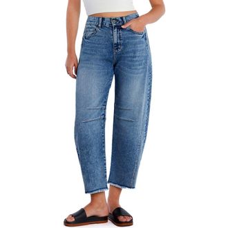 HINT OF BLU Frayed High Waist Crop Barrel Jeans in Frantastic Blue at Nordstrom, Size 31