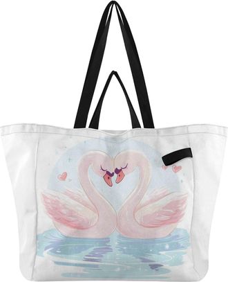 Generic Swan Heart Pink print Reusable Canvas Tote Bag, Heavy Duty Grocery Shopping Bag with Large Capacity Double Handles Hard Bottom Work Groceries Travel