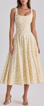 House of CB Jaime Floral Stretch Cotton Dress in Lemon Floral at Nordstrom, Size X-Small