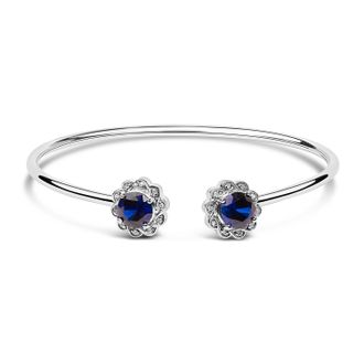 House of Brilliance Sterling Silver Diamond Accent Created Blue Sapphire Floral Design Bangle Bracelet