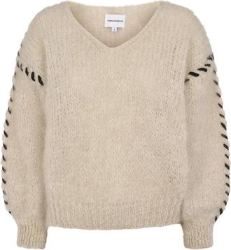 Americandreams Mohair Gebreid - Beige - Dames - V-hals truien - Beige - S - Wol - Truien & Vesten