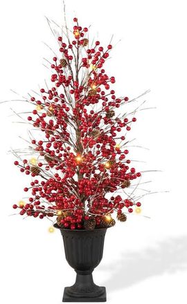 Glitzhome 3FT Christmas Lighted Berry and Pine Cone Urn Porch Tree with Timer in Red at Nordstrom