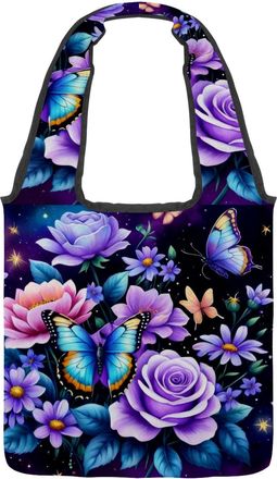 Generic Purple Butterfly Floral Reversible Canvas Shoulder Tote - Double-Sided Print, 12oz Cotton, 27cm Drop, Fold-Flat Bag for Travel, Shopping, Street Outin