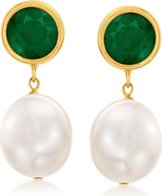 Ross-Simons 9.5-10mm Cultured Pearl and Emerald Drop Earrings in 14kt Yellow Gold