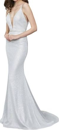Angela & Alison Plunging V-Neck Prom Dress In Silver